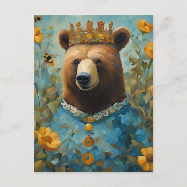 Adorable Bear in a Crown With Flowers and Bees Postcard (Front)