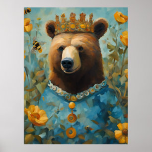 Adorable Bear in a Crown With Flowers and Bees Poster