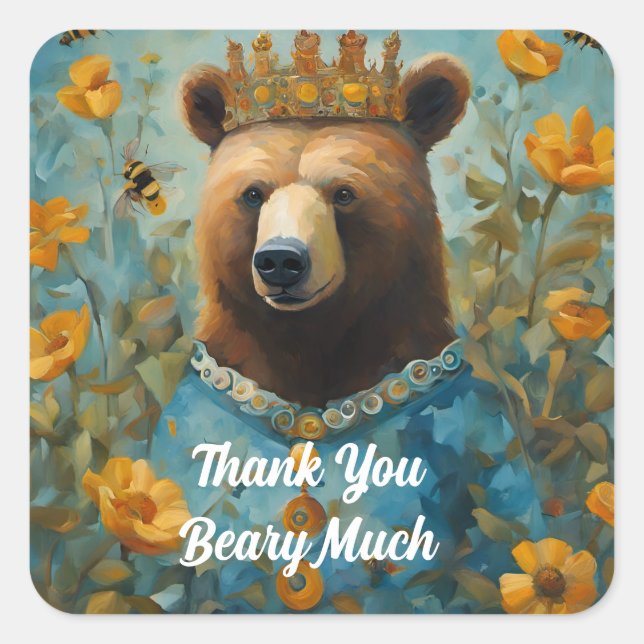 Adorable Bear in a Crown With Flowers and Bees Square Sticker (Front)