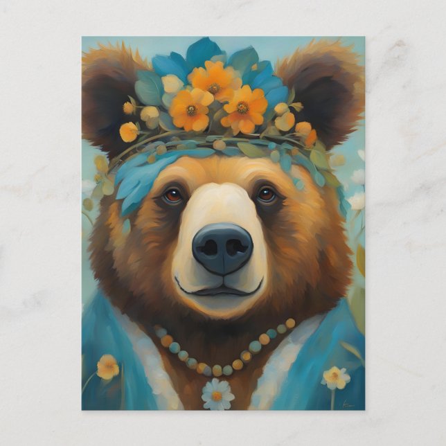 Adorable Bear in a Crown With Flowers Hippie Postcard (Front)