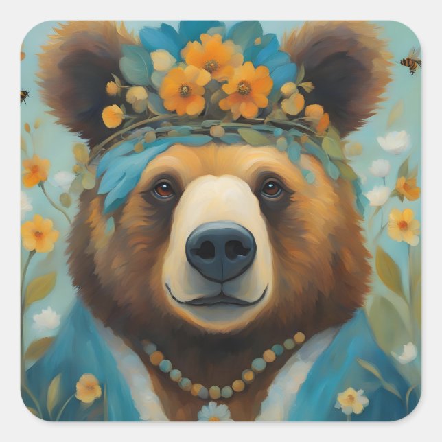 Adorable Bear in a Crown With Flowers Hippie Square Sticker (Front)