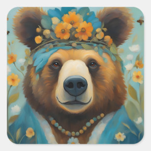 Adorable Bear in a Crown With Flowers Hippie Square Sticker