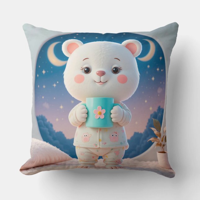 Adorable Bear in Pyjamas Holding a Mug Cushion (Front)