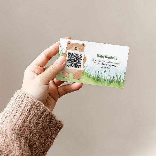 Adorable Bear QR Code Registry Card (Cute bear holding QR code for baby registry on grass background.)