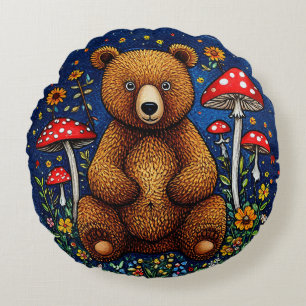 Adorable Bear Surrounded by Mushrooms Round Cushion