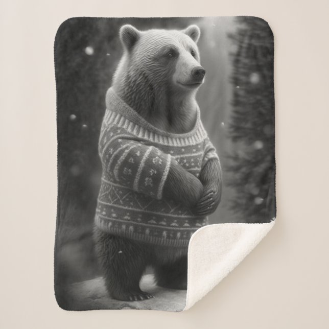 Adorable Bear Wearing a Cosy Sweater Sherpa Blanket (Front)