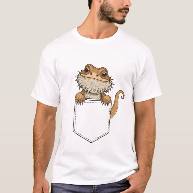 Adorable Bearded Dragon Peeking from Pocket – Cute T-Shirt (Front)