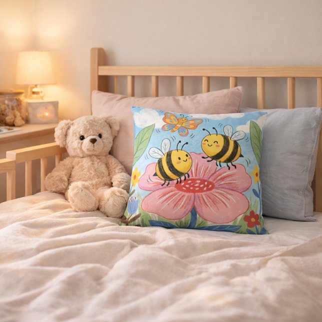 Adorable Bee & Butterfly Drawing Kids Cushion (Creator Uploaded)