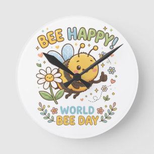 Adorable "Bee Happy!" Illustration for World Bee D Round Clock