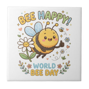 Adorable "Bee Happy!" Illustration for World Bee D Tile