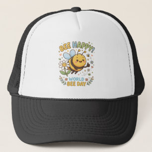 Adorable "Bee Happy!" Illustration for World Bee D Trucker Hat