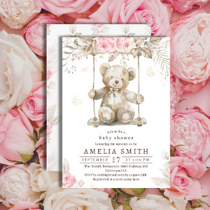 Adorable Beige Watercolor Teddy Bear Pink Floral Invitation