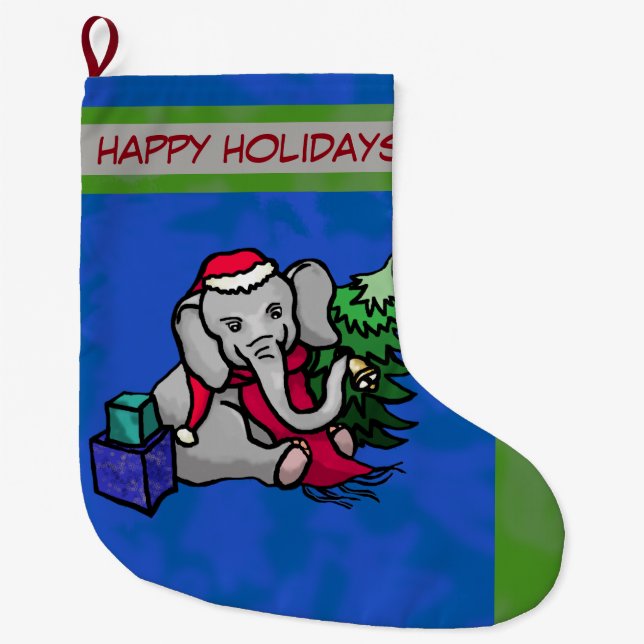 Adorable Bell-Ringing Cartoon Christmas Elephant Large Christmas Stocking (Front)