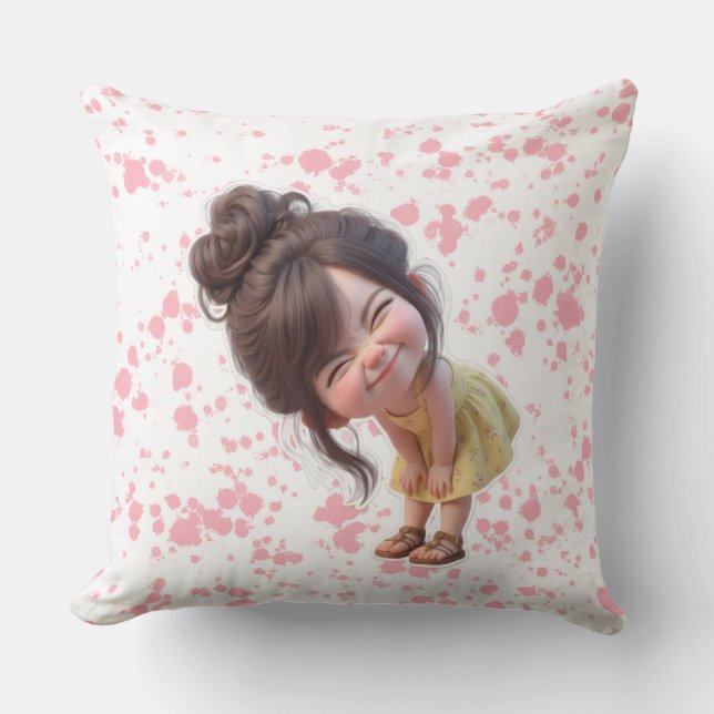 Adorable Bending Girl in Yellow Dress & Messy Bun  Cushion (Front)