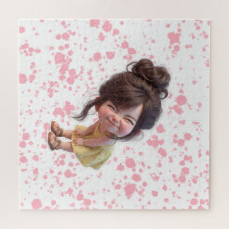 Adorable Bending Girl in Yellow Dress & Messy Bun Jigsaw Puzzle