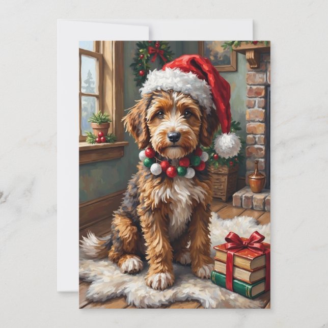 Adorable Bernedoodle Dog Cozy Knitted Santa Hat Holiday Card (Front)