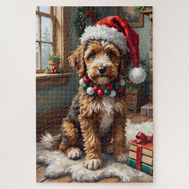Adorable Bernedoodle Dog Cozy Knitted Santa Hat Jigsaw Puzzle (Vertical)
