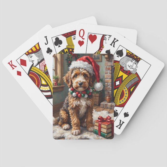 Adorable Bernedoodle Dog Cozy Knitted Santa Hat Playing Cards (Back)