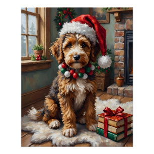 Adorable Bernedoodle Dog Cozy Knitted Santa Hat Poster