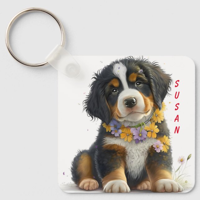 Adorable Bernese Puppy Dog Key Ring (Front)