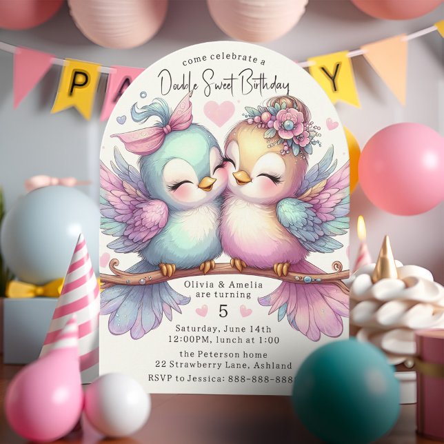 Adorable Bird Sisters Sweet Pastel Double Birthday Invitation (Adorable pastel birds twin sisters double birthday party invitation, girly pink purple and aqua blue)
