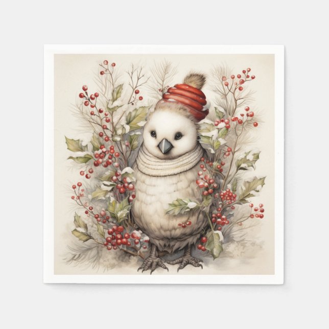 Adorable Bird Wearing Red Cap Holly Red Berries Napkin (Front)