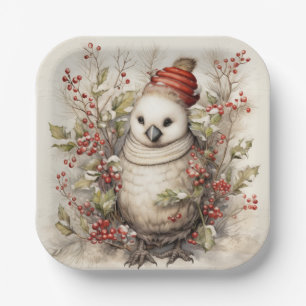 Adorable Bird Wearing Red Cap Holly Red Berries Paper Plate