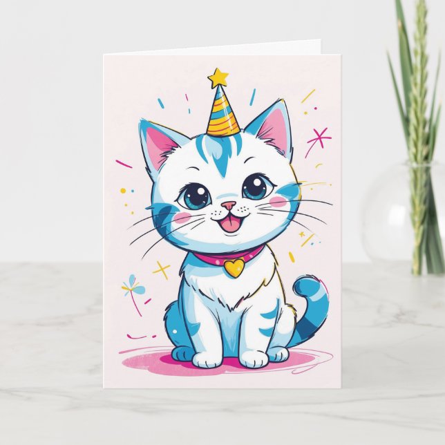 Adorable Birthday Cat – Customisable Kids' Card (Front)