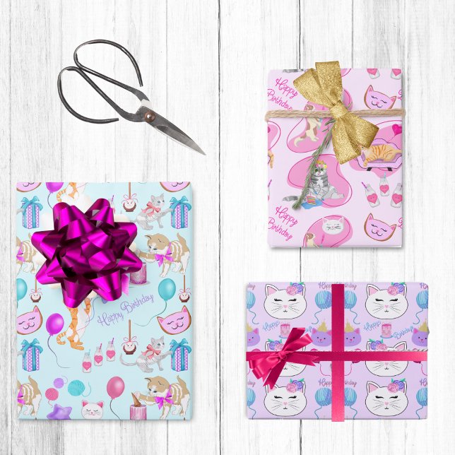 Adorable Birthday Cats Celebrating Wrapping Paper Sheet (Creator Uploaded)