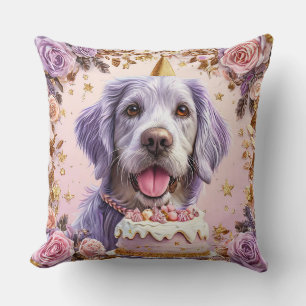 Adorable Birthday Dog with Cake Celebrating Cushion