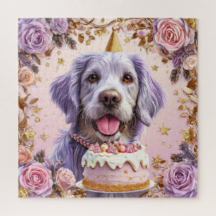 Adorable Birthday Dog with Cake Celebrating Jigsaw Puzzle