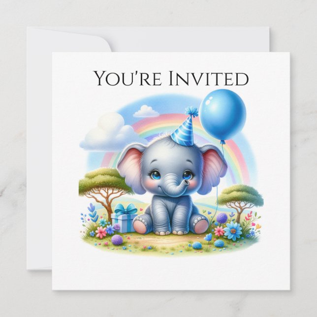 Adorable Birthday Elephant in Blue Party Hat Invitation (Front)