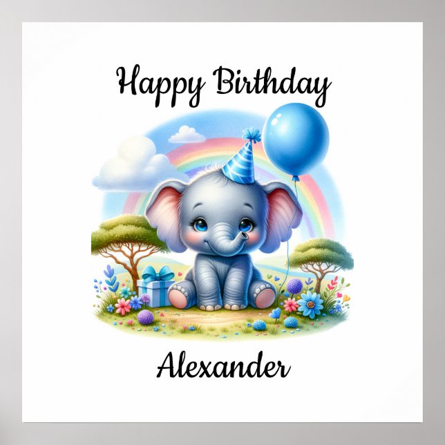 Adorable Birthday Elephant in Blue Party Hat Poster (Front)