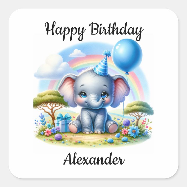 Adorable Birthday Elephant in Blue Party Hat Square Sticker (Front)