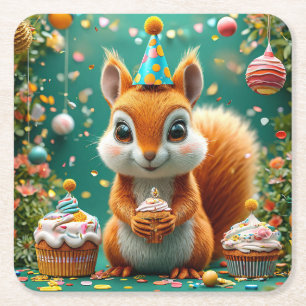 Adorable birthday Squirrel Square Paper Coaster