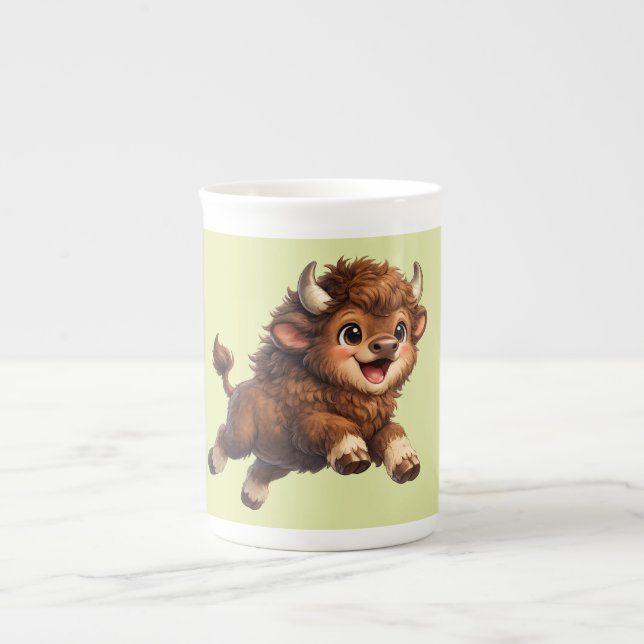 Adorable Bison Playfully Running with a Joyful  Bone China Mug (Front)