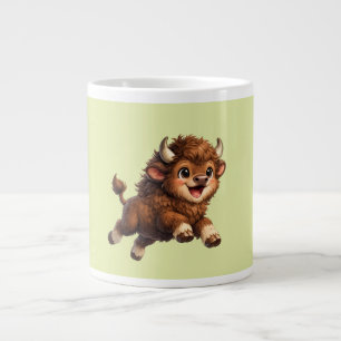 Adorable Bison Playfully Running with a Joyful Large Coffee Mug