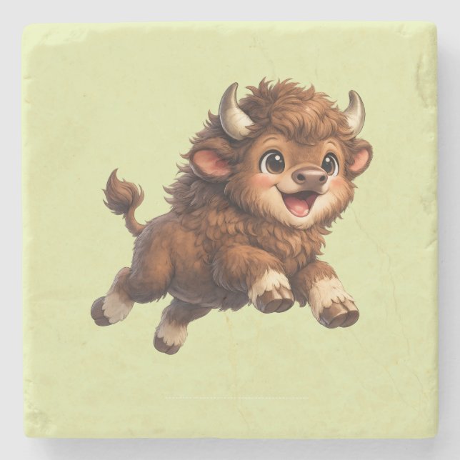 Adorable Bison Playfully Running with a Joyful  Stone Coaster (Front)