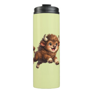 Adorable Bison Playfully Running with a Joyful  Thermal Tumbler