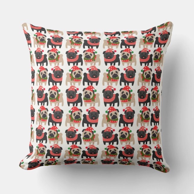 Adorable Black and Fawn Christmas Pugs Cushion (Front)