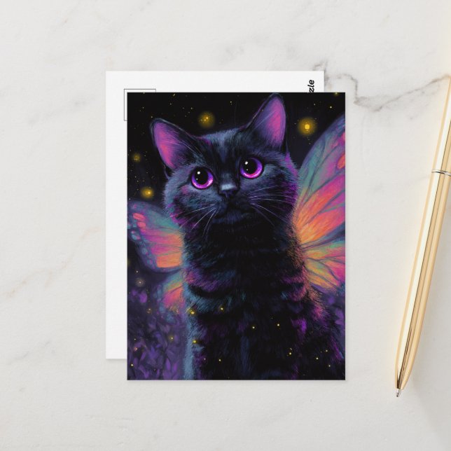 Adorable Black and Purple Cat Fairy Postcard (Front/Back In Situ)