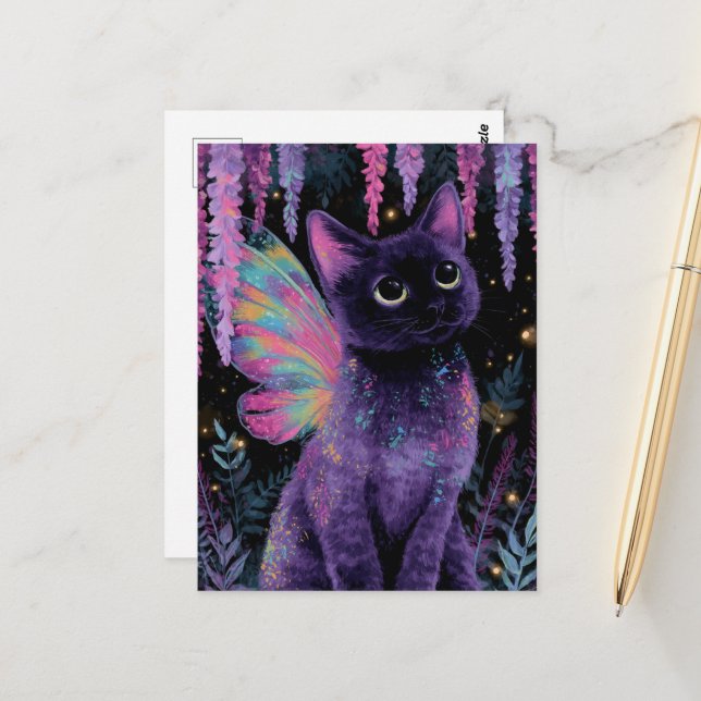 Adorable Black and Purple Cat Fairy Postcard (Front/Back In Situ)