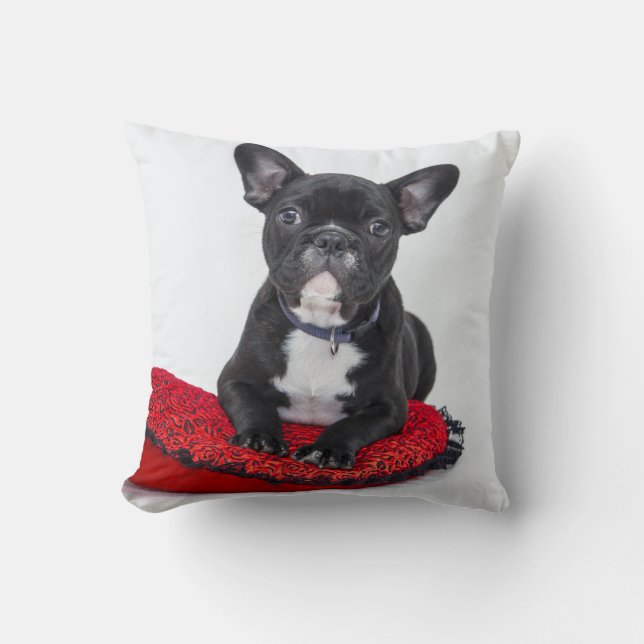 Adorable Black and White Bulldog Puppy Photo Cushion (Front)