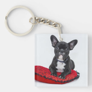 Adorable Black and White Bulldog Puppy Photo Key Ring