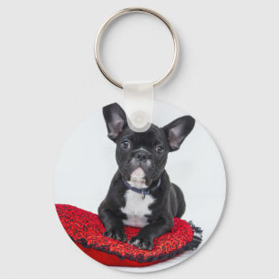 Adorable Black and White Bulldog Puppy Photo Key Ring