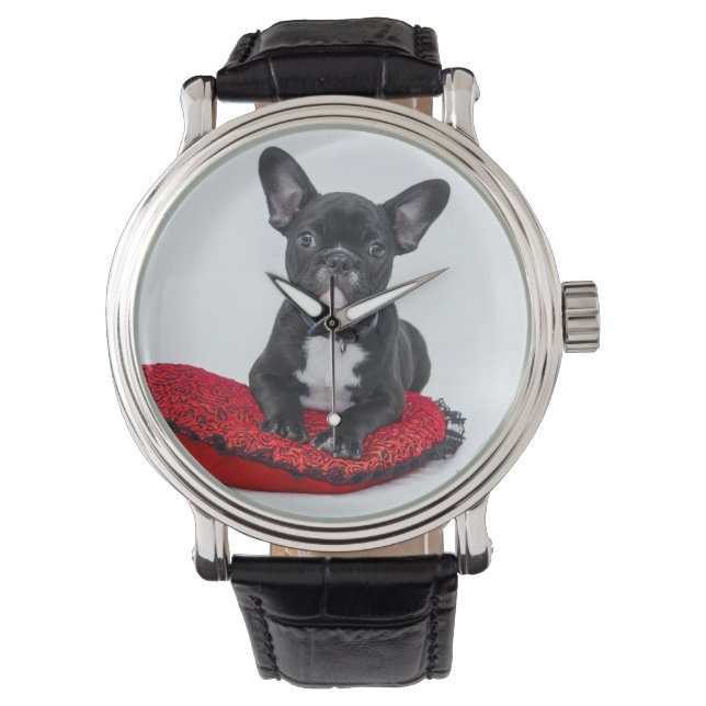 Adorable Black and White Bulldog Puppy Photo Watch (Front)