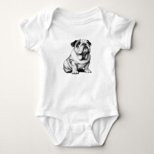 Adorable black and white bulldog sketch baby bodysuit