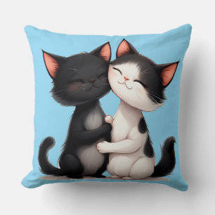 Adorable Black and White Cats Hugging in a Loving Cushion