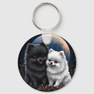 Adorable Black and White Pomeranian Puppies Key Ring