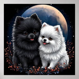 Adorable Black and White Pomeranian Puppies Poster
